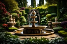 A Magnificent, Ornate Fountain Stands As The Centerpiece Of A Tranquil Garden, Its Cascading Water Creating A Symphony Of Serenity Amidst Lush Greenery