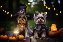 Halloween Costume For Dog Pets. Two Cute Yorkshire Terrier Dog In Little Red Riding Hood Halloween Costume Sitting Near Pumpkins. Fanny Halloween Welsh Corgi Pembroke In Costume