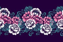 Ikat Floral Paisley Embroidery On Purple Background.Ikat Ethnic Oriental Pattern Traditional.Aztec Style Abstract Vector Illustration.design For Texture,fabric,clothing,wrapping,decoration,sarong.