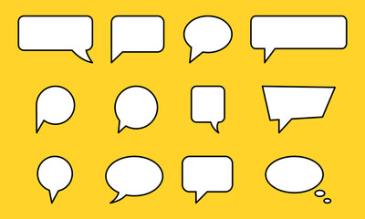 Set of speech bubbles on yellow background. Blank white speech bubbles. Symbol think, chat, dialog. 