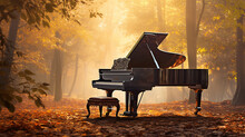 Piano In Autumn Park Morning Landscape