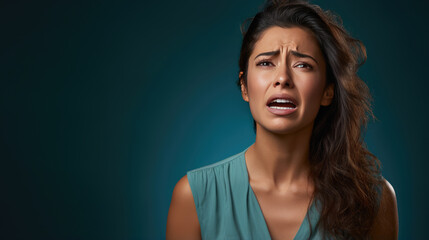 Depressed young woman crying on blue background