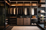 Fototapeta Londyn - Elegant Contemporary Walk-In Wardrobe with Luxurious Dark Wood Finish