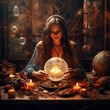 young beautiful girl fortune teller with a magic ball. mysticism, divination and divination