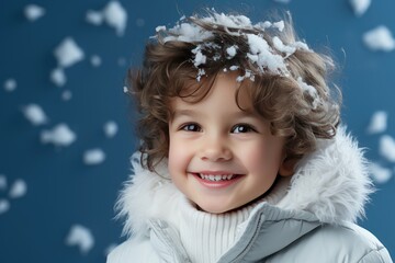 Portrait of cute little toddler happy boy child in a white winter jacket over blue background. Looking at camera and smiling. Advertising childrens products.