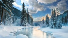 Winter Snowy Landscape With River And Mountain, Seamless Animation Video Background In 4K Resolution.