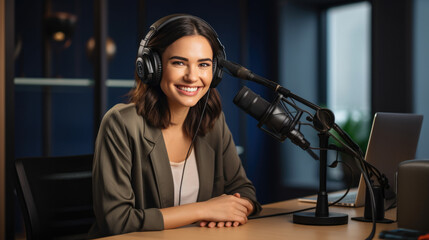 Wall Mural - Young woman records a podcast in her home office.