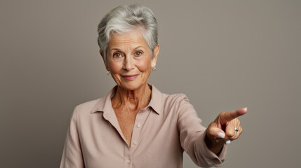 Wall Mural - Senior woman wearing casual clothes pointing with hand and finger to the side looking at the camera.