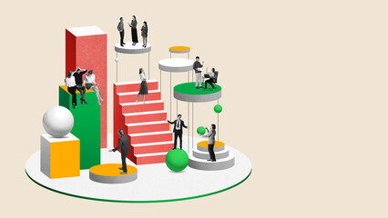 Business people, colleagues working on project, startup. Career development and professional growth. Contemporary art collage. Concept of business, office, innovations, teamwork, brainstorming