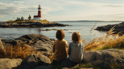 Wall Mural - two small children on a coast, in the background is a lighthouse.