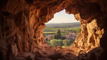 View From A Cave On An Old Small Town.