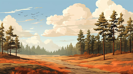 Wall Mural - illustration of an idyllic forest landscape in autumn with red and brown colors.