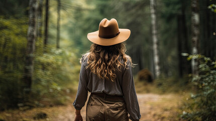 Wall Mural - back view on a pretty woman with a hat outside in nature in summer.