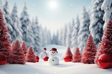 An Abstract Background Image For Creative Content, Featuring A Charming Little Snowman Standing At The Center Surrounded By Miniature Red Trees. Photorealistic Illustration, Generative AI
