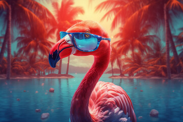 Wall Mural - feather pink flamingo party tropical bird summer animal hipster sunglasses. Generative AI.