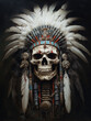 Indian skull with feathered headdress. Digital painting style.