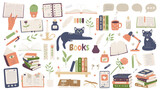 Fototapeta Pokój dzieciecy - Reading set of books. For reading lovers. Open books, piles, in a stack, glasses, audiobook, ebook, books on shelf, speech bubbles, cats, Flat cartoon vector illustration isolated on white background.