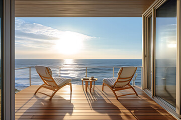 Serenity of a beach house with private deck and beautiful ocean view, two chairs and one table, relaxing, sun.