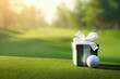 Golf ball with gift box on green grass