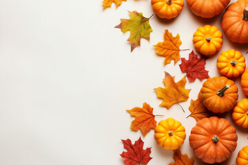 Wall Mural - Top view of orange pumpkins and autumn leaves on gray background