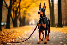 A Beautiful Doberman Dog On A Beautiful Natural Background. A Dog On A Walk In The Park