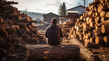 A Man Sits On A Thick Log In A Sawmill. Back View.