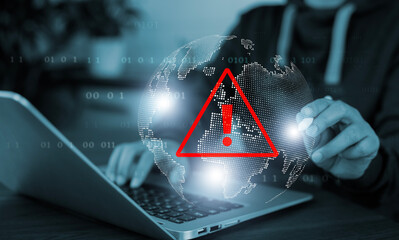 Email concept with laptop spam and virus computer monitor internet security concept, businessman reading electronic mail with a laptop. Spam, junk and e-marketing on screen, Spam Email Pop-up Warning.