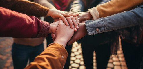 Wall Mural - concept for togetherness. a group of people hold hands on each other.