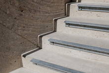 Selective Focus Detail Of Aluminum Profile Stair Nosing For Non Slip, Extension From Outdoor Rough Concrete Stair. 