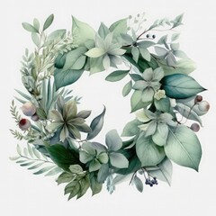  Watercolor laurel wreath leaves in the shape of a round frame.