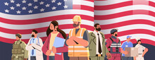 Different Occupation People With American Flag Diverse Workers Of Various Professions And Specialists Standing Together Happy Labor Day Celebration
