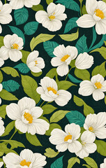 Wall Mural - white flowers seamless patterns fabric art on green  background