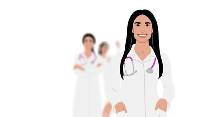 Wall Mural - Female healthcare worker. Happy smiling doctor with a stethoscope. A doctor in a white coat in different poses