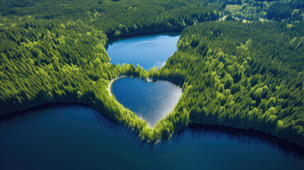 Generative AI, heart shaped blue lake surrounded by pine forest, green trees, valentine's day card, love symbol, amazing scenery, nature travel, clear pond