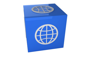 Digital png illustration of blue cube with globe icon on transparent background