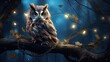 Owl perched on a branch, tangled in fairy lights, looking disgruntled. Moonlit night forest with a large gap in the tree canopy