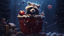 Raccoon with its face covered in pie, emerging from a trash can full of discarded festive foods. Snowy alley with an empty trash bin nearby