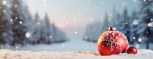 Christmas Card. A Red Christmas Ball Lies On The Snow Against The Backdrop Of A Winter Forest With A Place To Insert, Legal AI