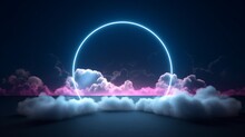 Abstract Cloud In 3D Rendered Against A Black Night Sky And A Ring Of Neon Lights. Round Frame, Geometric Design That Glows