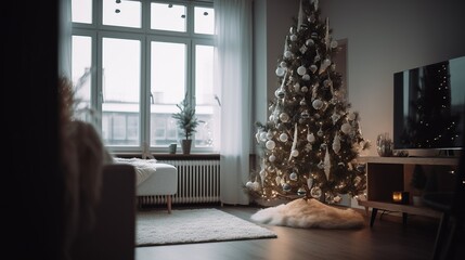 Wall Mural - luxury and modern white living room interior with a couch and beautifully decorated Christmas tree