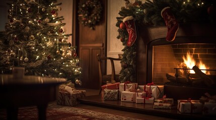 Wall Mural - classic christmas  living room interior with a fireplace, christmas stockings, beautifully decorated Christmas tree with wrapped presents undernea