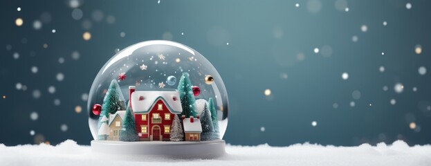 Glass Snowball with trees. Xmas winter Glass snow globe. Horizontal Christmas banner, web poster, header cap for website. Merry Christmas, Happy New Year. Festive beautiful background. generative ai