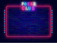 Poker Club Neon Banner. Empty Vintage Pink Frame. Space For Text. Night Casino Advertising. Vector Stock Illustration