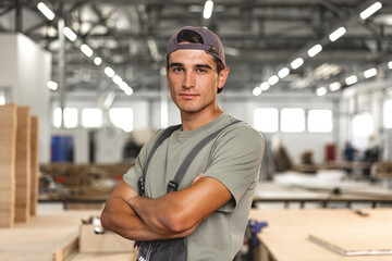 Wall Mural - Portrait of young male carpenter standing in the wood workshop