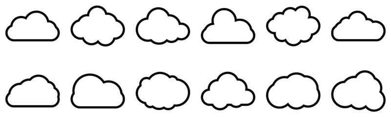 Cloud outline icons set simple flat style isolated on transparent background.