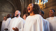 Gospel choir group with their typical tunics, choral singing inside a church