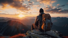 Man Hiker Sitting On Top Of A Mountain With A Backpack, Looking At The Sunset With Sky And Clouds Background Landscape