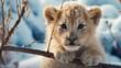 Lion cub with a playful smirk, batting a hanging mistletoe with its paw. African plains with a pristine, untouched snowy patch