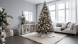 luxury and modern white Christmas living room interior with a couch and large beautifully decorated Christmas tree in the center of the room