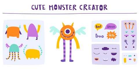 Wall Mural - Funny monster constructor for kids. Custom cartoon monster creator from parts. Vector set of cute beast elements.